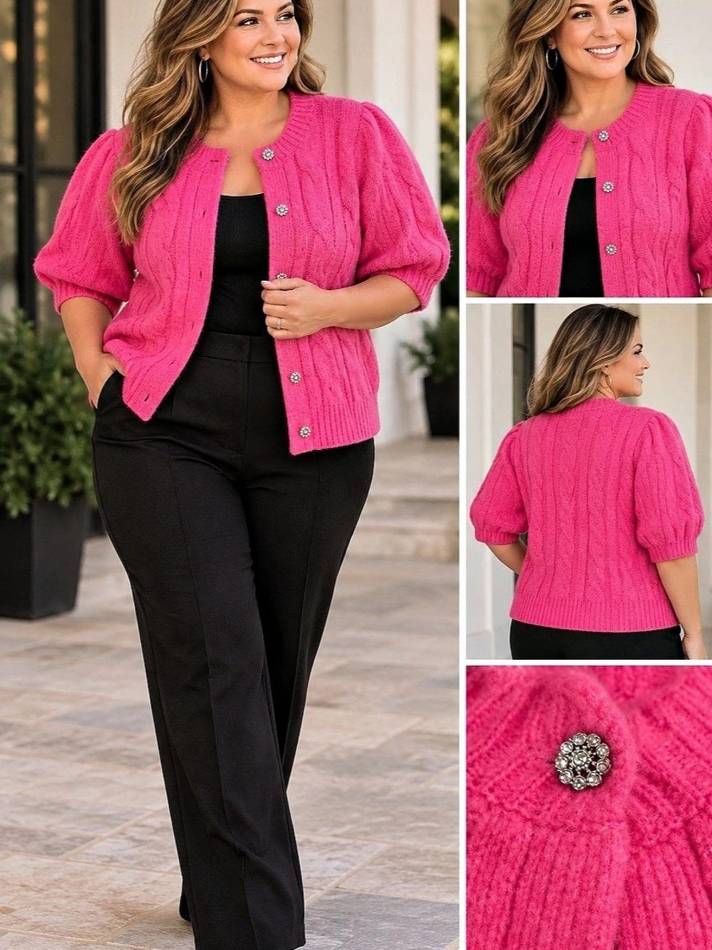 Free Assembly Hot Pink Cable Knit Cardigan Jeweled Buttons Puff Sleeve